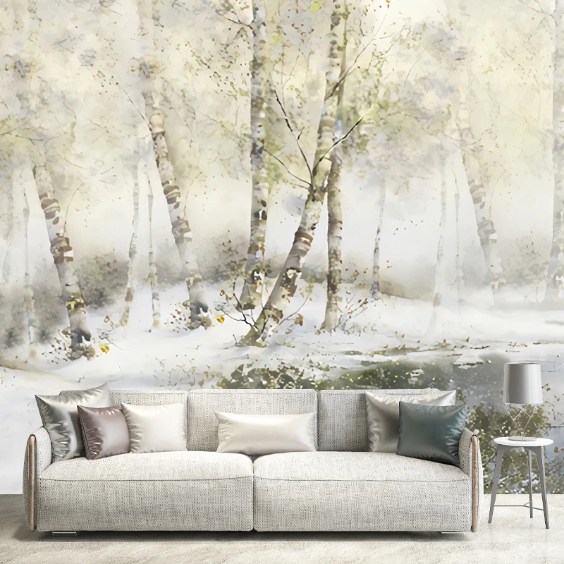 Mural decorativo de río y bosque, revestimiento de paredes de material no tejido para pared decorativa en gris y amarillo...