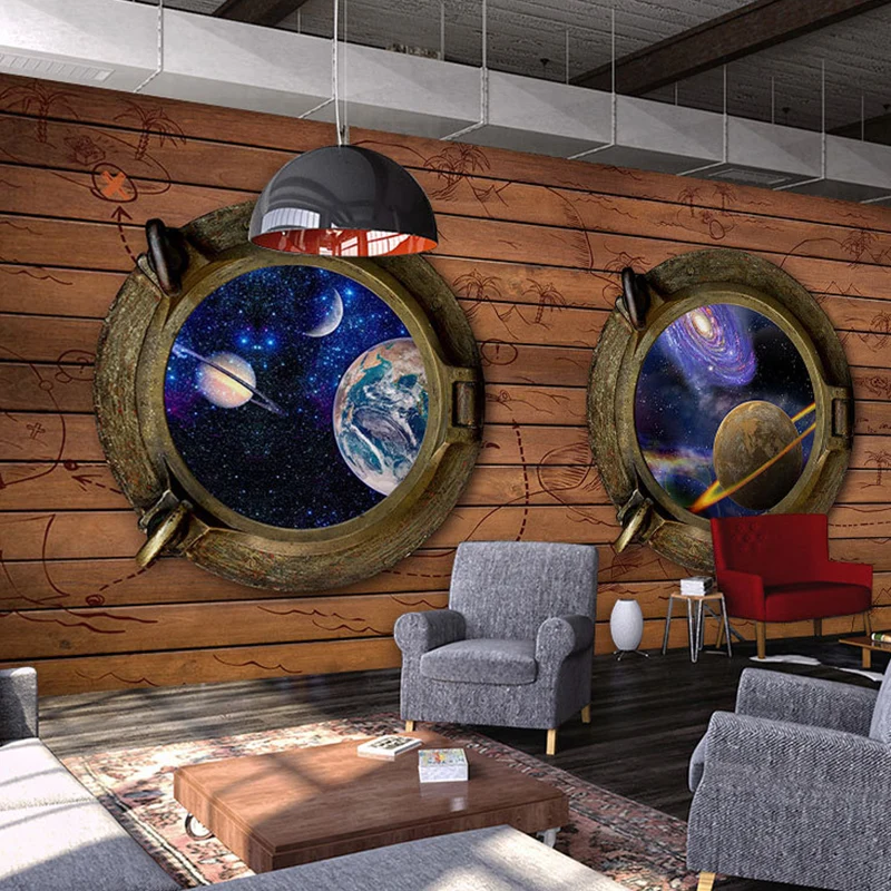 Mural decorativo de galaxia y madera, decoración de pared hecha medida para cafeterí Marron Clearhalo