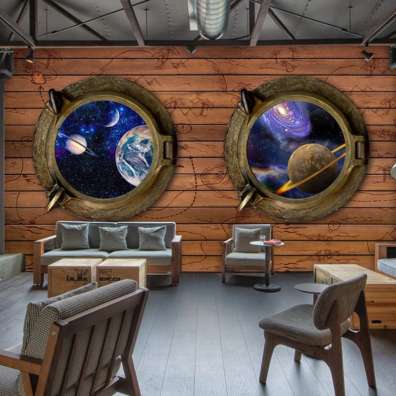 Mural decorativo de galaxia y madera, decoración de pared hecha medida para cafeterí Marron Clearhalo