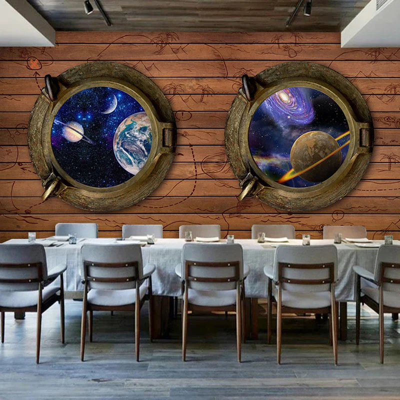 Mural decorativo de galaxia y madera, decoración de pared hecha medida para cafeterí Marron Clearhalo