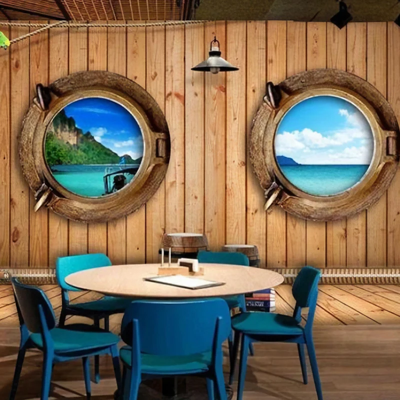 Mural decorativo de madera y orilla del mar, decoración de pared hecha medida para cafeterí Marron Clearhalo