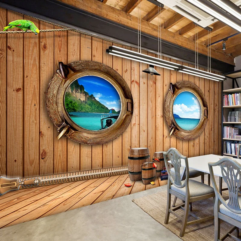 Mural decorativo de madera y orilla del mar, decoración de pared hecha medida para cafeterí Marron Clearhalo