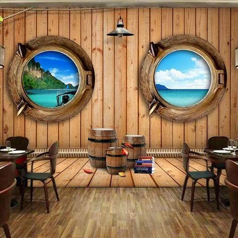 Mural decorativo de madera y orilla del mar, decoración de pared hecha medida para cafeterí Marron Clearhalo