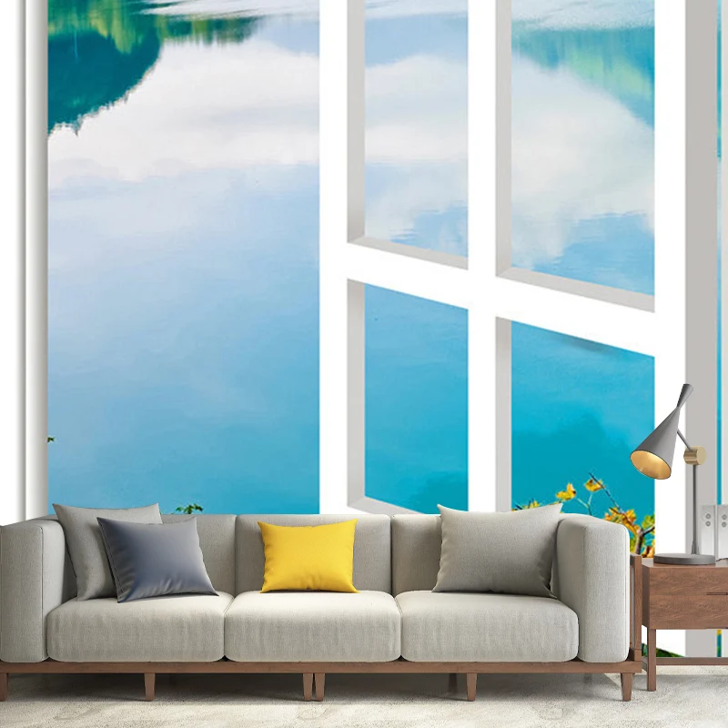 Mural decorativo sobre pared de ventana, arte de pared de tamaño personalizado para decoración de balcón Azul Clearhalo