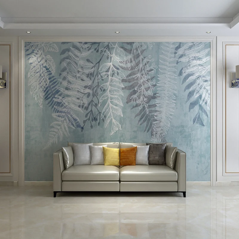 Mural entero de helecho estilo ilustración para decoración del hogar en gris y azul, tamaño personalizado disponible Azul...