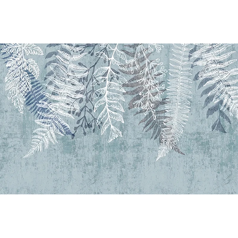Mural entero de helecho estilo ilustración para decoración del hogar en gris y azul, tamaño personalizado disponible Azul...