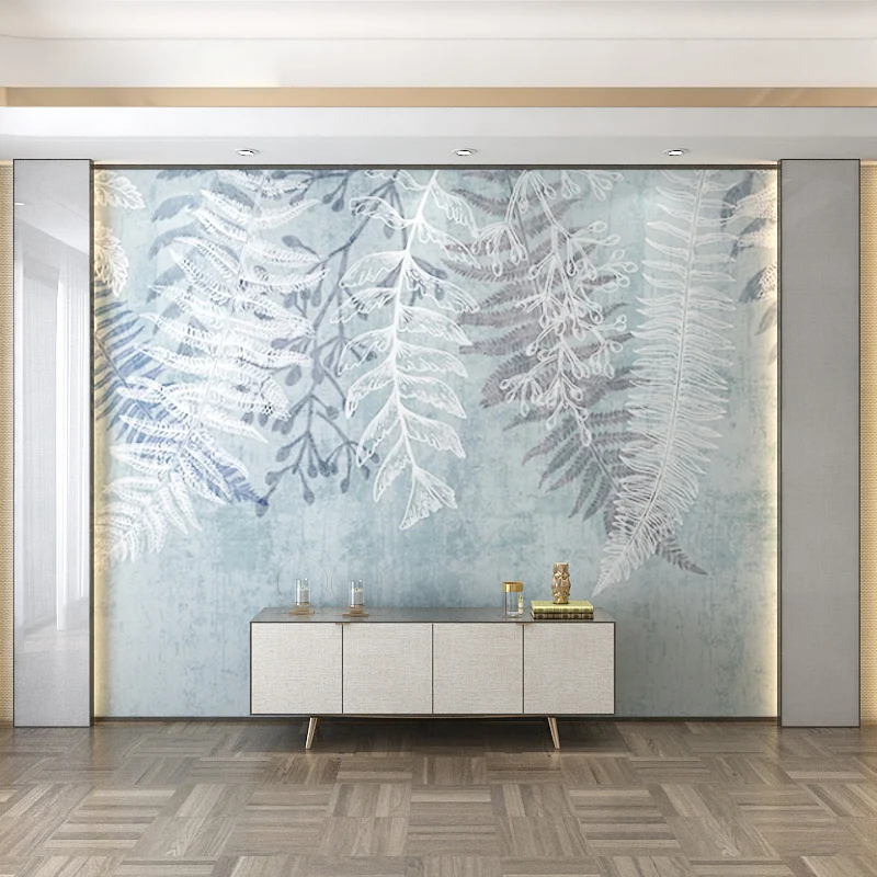 Mural entero de helecho estilo ilustración para decoración del hogar en gris y azul, tamaño personalizado disponible Azul...