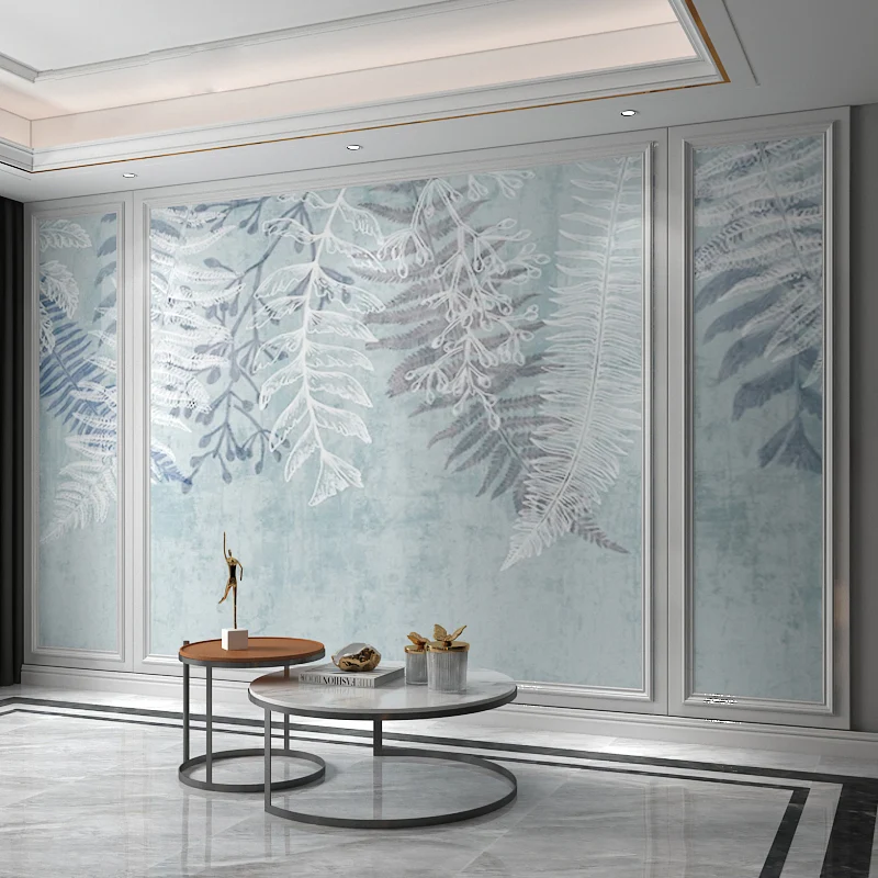 Mural entero de helecho estilo ilustración para decoración del hogar en gris y azul, tamaño personalizado disponible Azul...