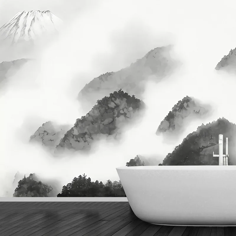 Mural estilo ilustración de tamaño completo para pared decorativa con montañ en blanco y negro Negro Clearhalo