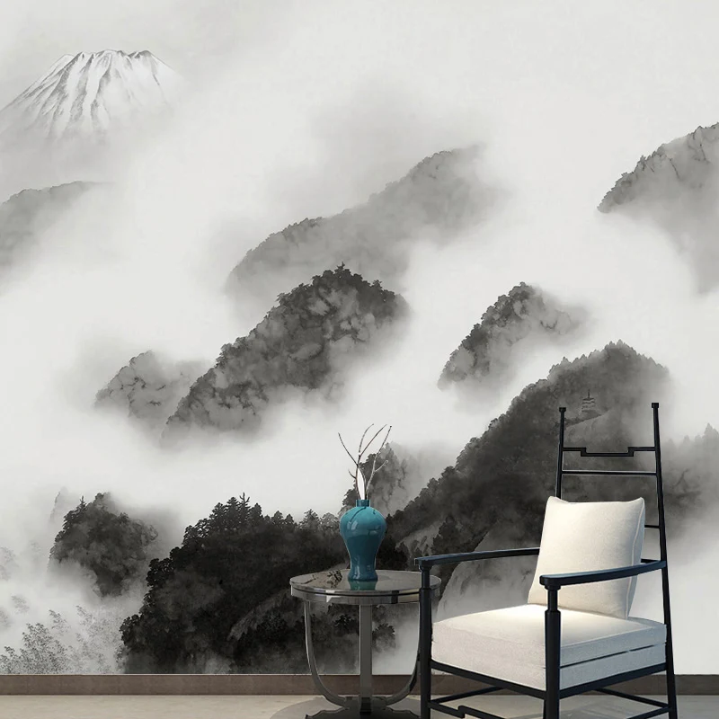 Mural estilo ilustración de tamaño completo para pared decorativa con montañ en blanco y negro Negro Clearhalo