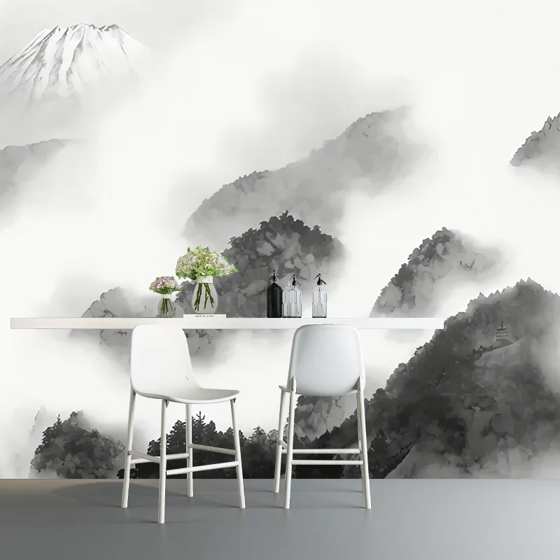 Mural estilo ilustración de tamaño completo para pared decorativa con montañ en blanco y negro Negro Clearhalo