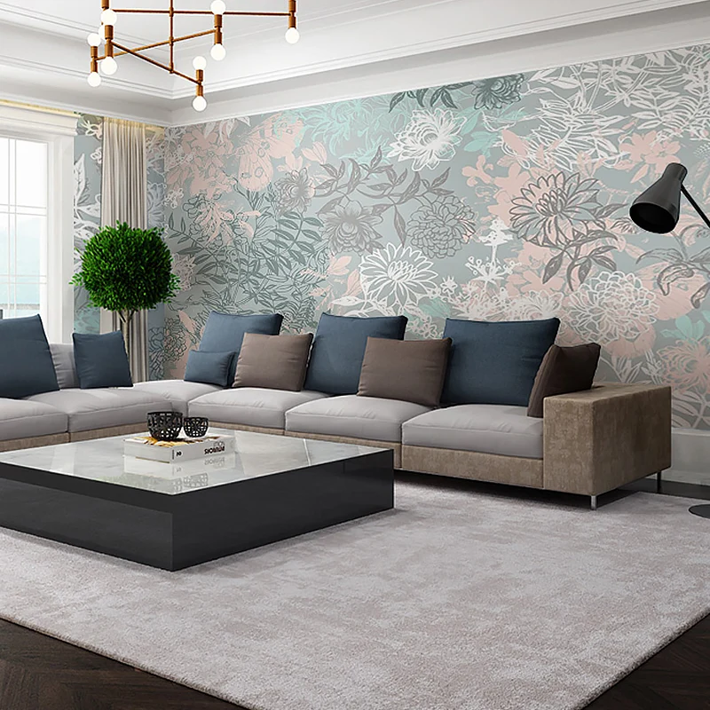 Mural de flores florecientes con ilustración completa para dormitorio en gris, tamaño personalizado disponible Gris Clearhalo