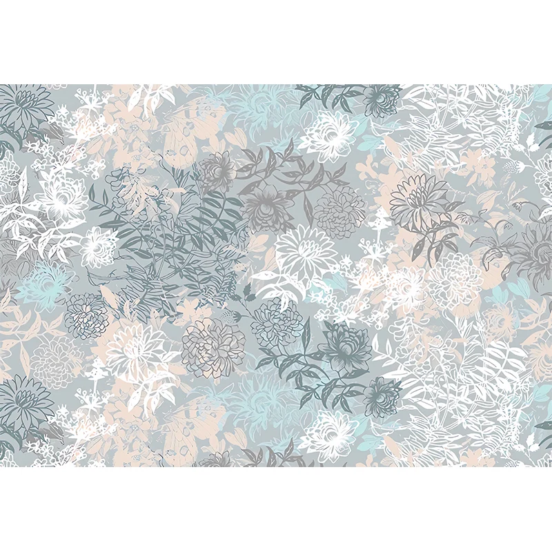 Mural de flores florecientes con ilustración completa para dormitorio en gris, tamaño personalizado disponible Gris Clearhalo