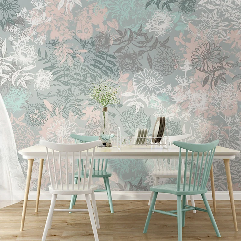 Mural de flores florecientes con ilustración completa para dormitorio en gris, tamaño personalizado disponible Gris Clearhalo