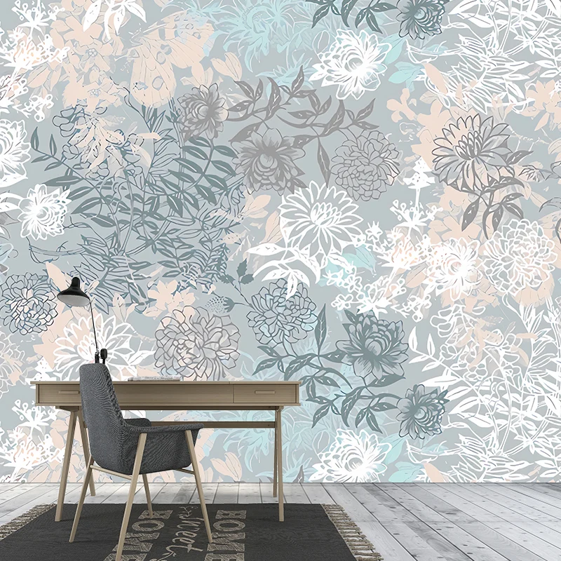 Mural de flores florecientes con ilustración completa para dormitorio en gris, tamaño personalizado disponible Gris Clearhalo