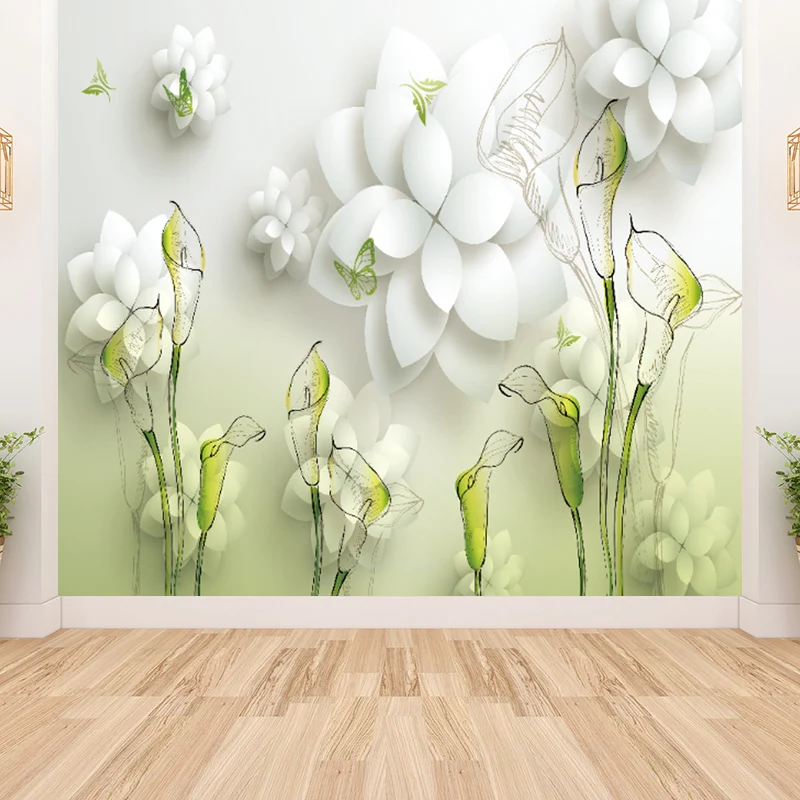 Mural de flores y mariposas con ilustración, decoración de pared entera para habitación de niñas, hecho medida Verde Clear...