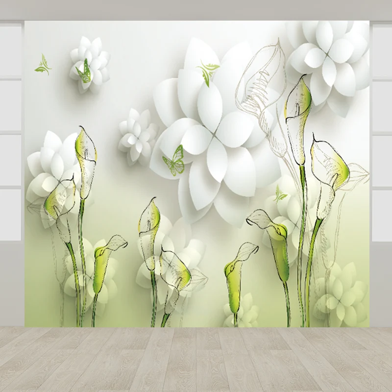 Mural de flores y mariposas con ilustración, decoración de pared entera para habitación de niñas, hecho medida Verde Clear...