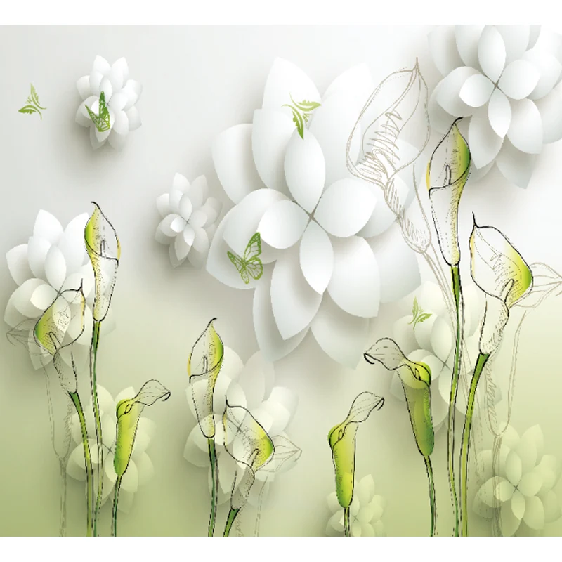 Mural de flores y mariposas con ilustración, decoración de pared entera para habitación de niñas, hecho medida Verde Clear...