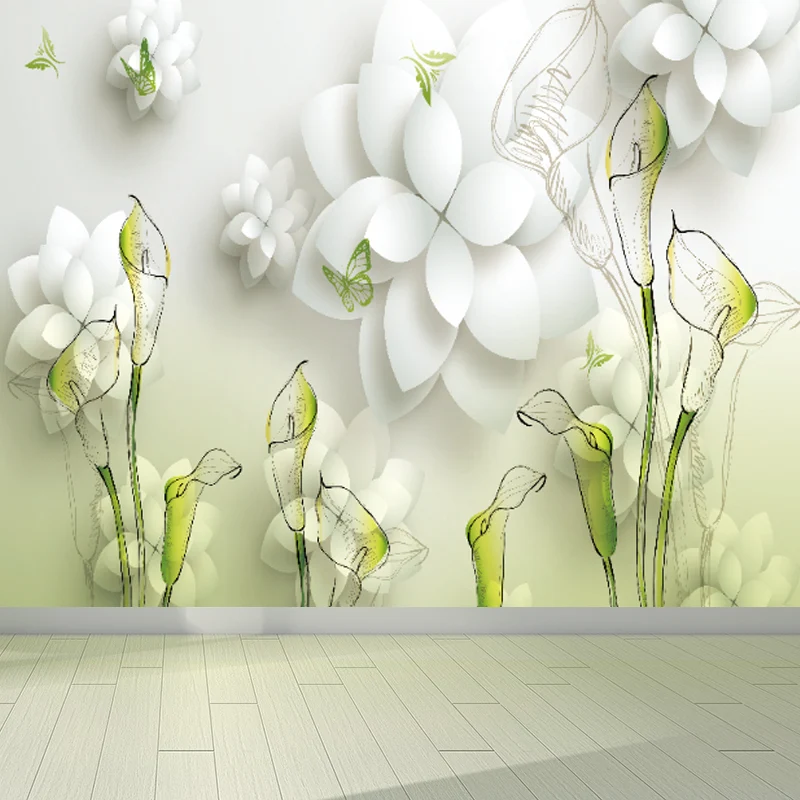 Mural de flores y mariposas con ilustración, decoración de pared entera para habitación de niñas, hecho medida Verde Clear...