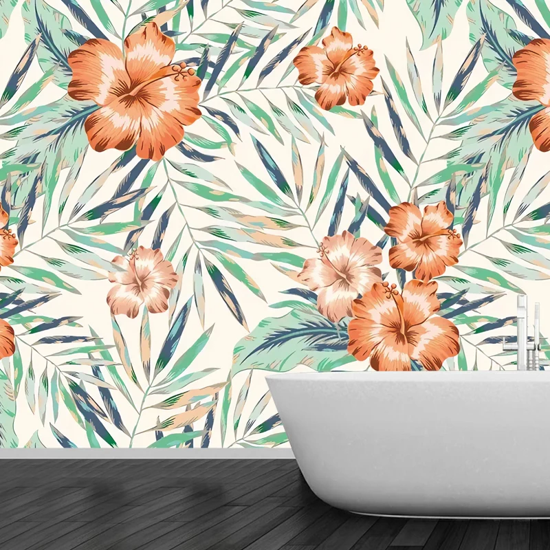 Mural de flores naranjas y verdes, revestimiento de paredes resistente al agua para cafeterí Naranja Clearhalo