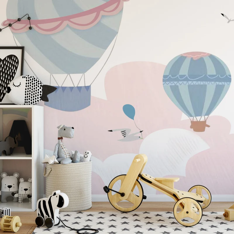 Mural de globos y arcoíris resistente las manchas, arte de pared de tela no tejida para niños en azul y rosa Azul Clearhalo