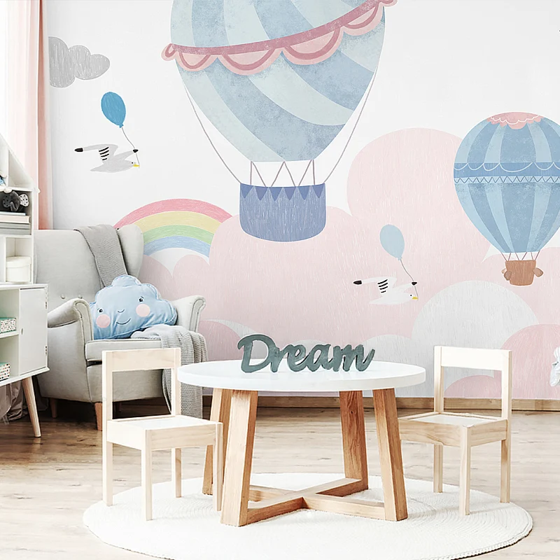Mural de globos y arcoíris resistente las manchas, arte de pared de tela no tejida para niños en azul y rosa Azul Clearhalo