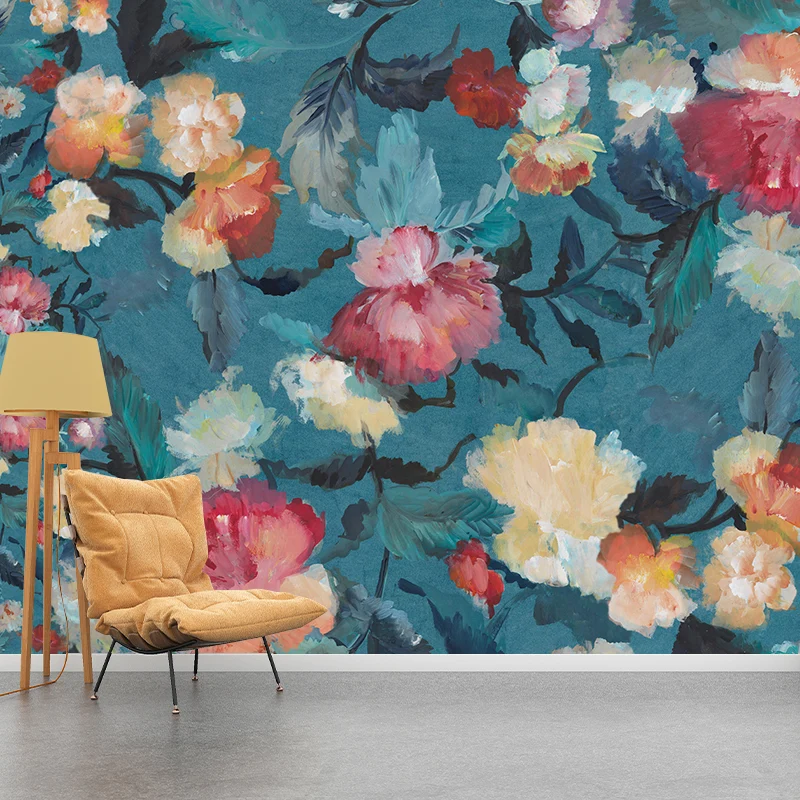 Mural grande de acuarelas, revestimiento de paredes con estampado floral nostálgico y novedoso en multicolor Rojo Clearhalo