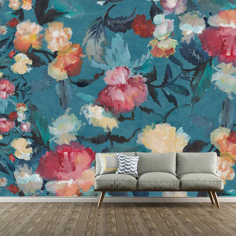 Mural grande de acuarelas, revestimiento de paredes con estampado floral nostálgico y novedoso en multicolor Rojo Clearhalo