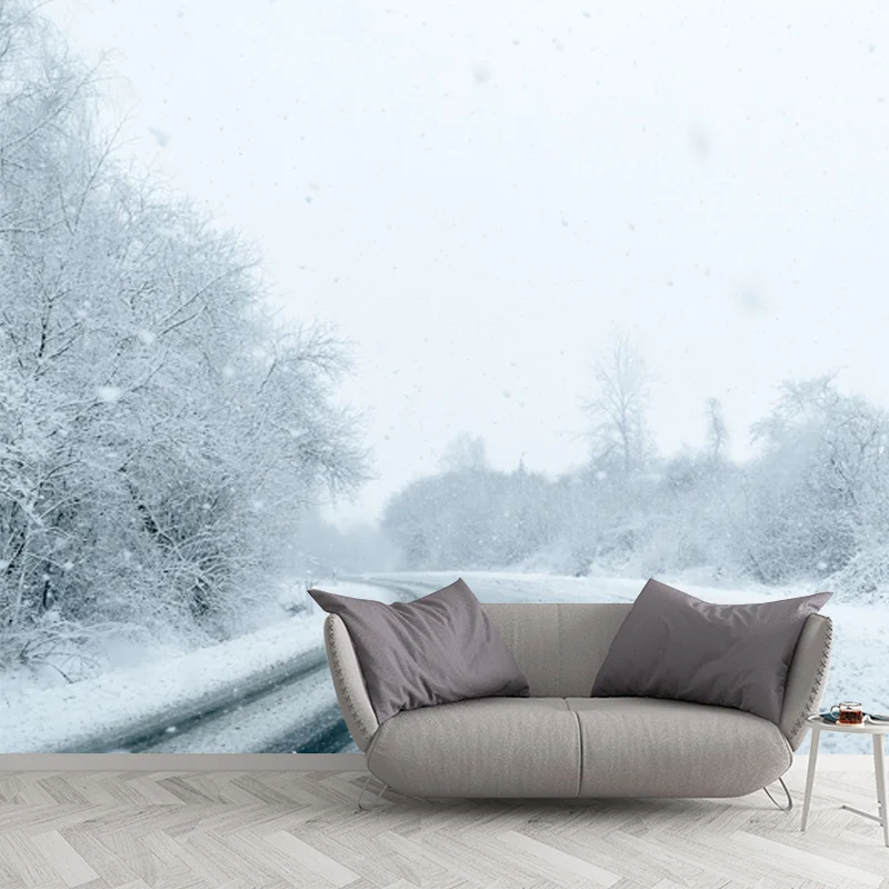 Mural grande con escena curva de carretera para decoración de pared de dormitorio, bosque nevado, color blanco, lavable Bl...