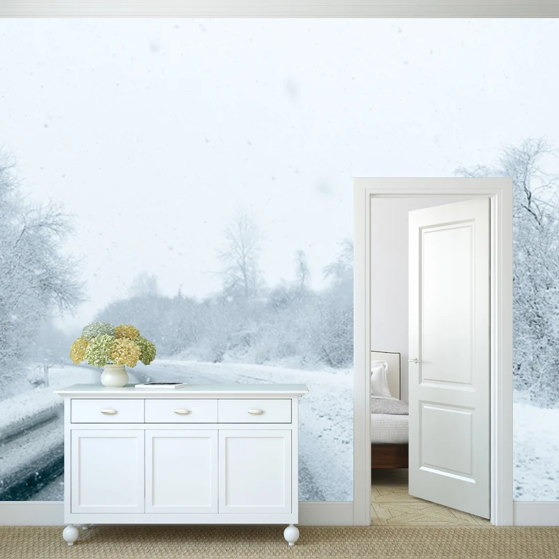 Mural grande con escena curva de carretera para decoración de pared de dormitorio, bosque nevado, color blanco, lavable Bl...