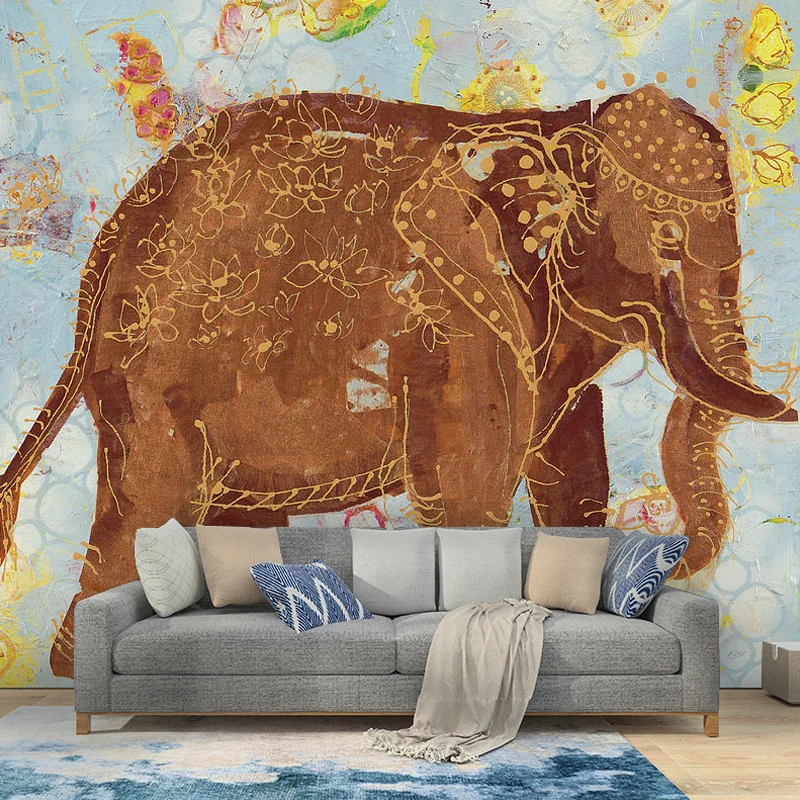 Mural grande de material no tejido, arte de pared de elefante de dibujos animados marrón, hecho medida Marron Clearhalo