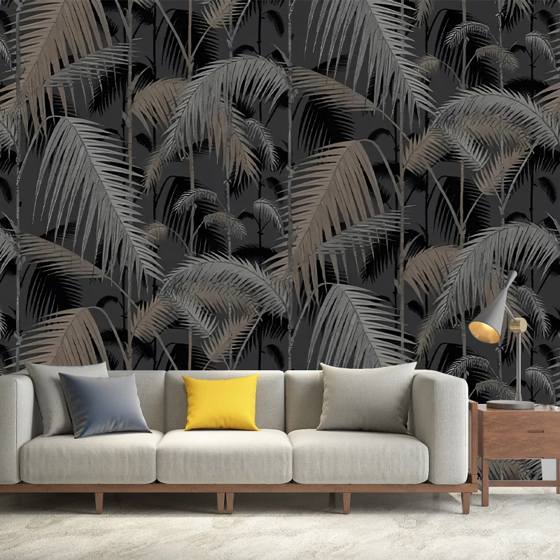 Mural grande de plumas y plantas para cafeterí, arte de pared rayas en negro y gris, resistente las manchas Negro Clearhalo