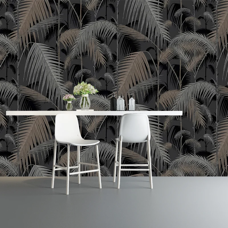 Mural grande de plumas y plantas para cafeterí, arte de pared rayas en negro y gris, resistente las manchas Negro Clearhalo