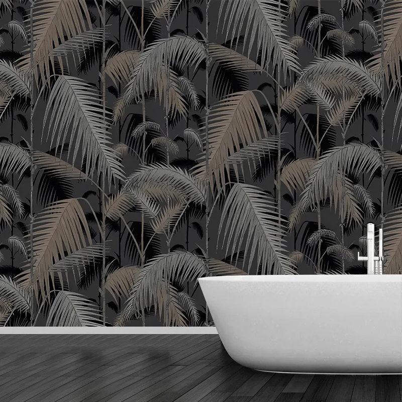 Mural grande de plumas y plantas para cafeterí, arte de pared rayas en negro y gris, resistente las manchas Negro Clearhalo