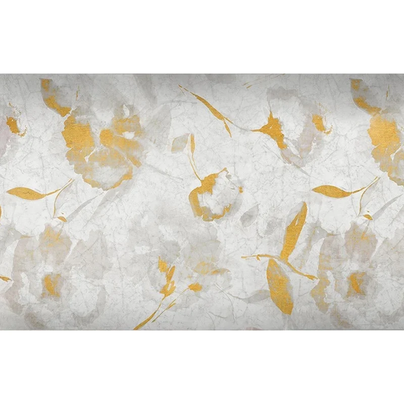 Mural de hojas estilo ilustración grande para salón en amarillo y blanco, tamaño personalizado disponible Gris Clearhalo