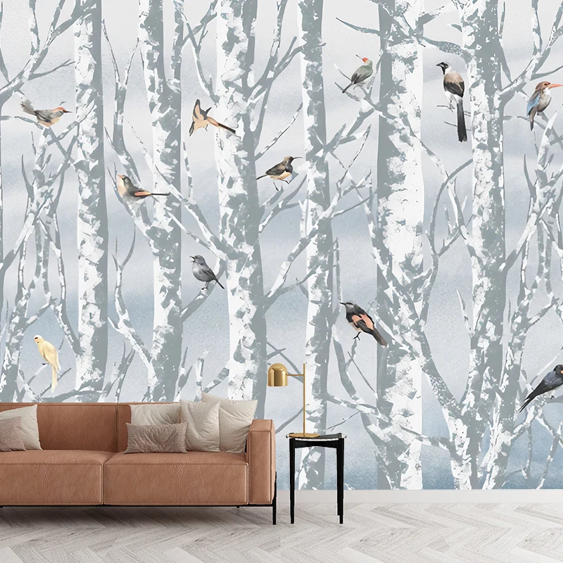 Mural impermeable de pájaros y árboles, revestimiento de paredes de material no tejido para pared decorativa en azul Azul...