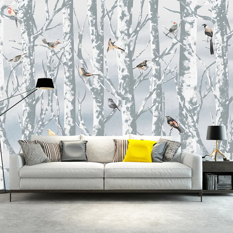 Mural impermeable de pájaros y árboles, revestimiento de paredes de material no tejido para pared decorativa en azul Azul...