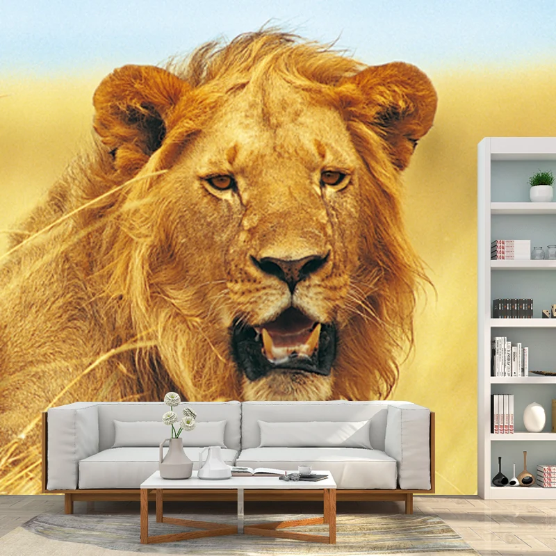Mural lavable no tejido, decoración de pared con patrón de león contemporáneo en amarillo para el hogar Amarillo Clearhalo