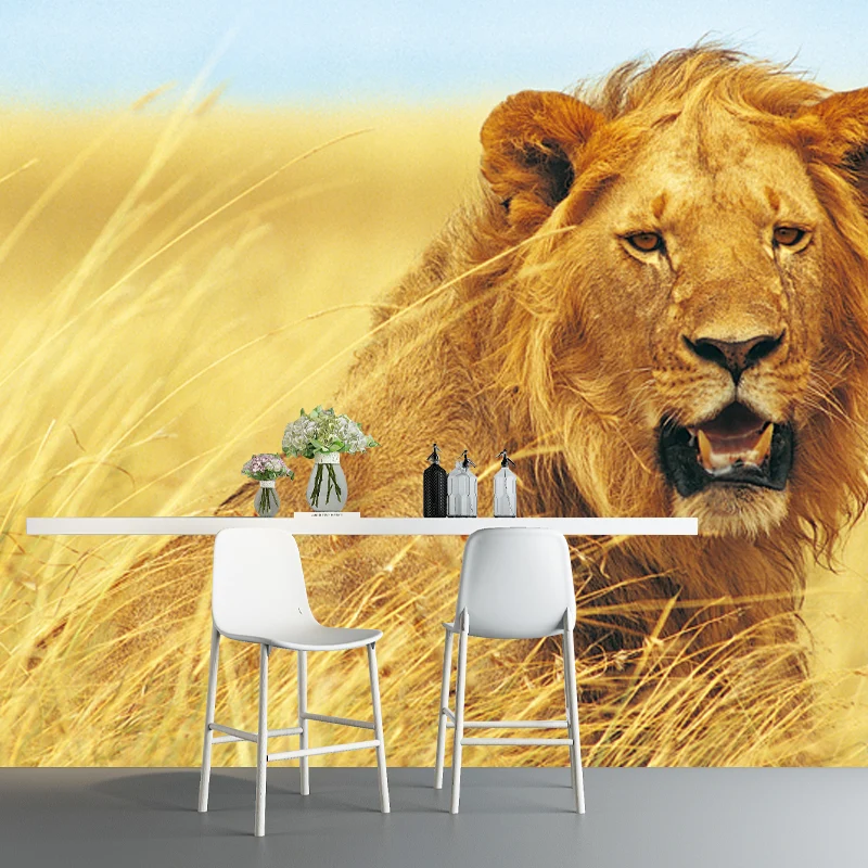 Mural lavable no tejido, decoración de pared con patrón de león contemporáneo en amarillo para el hogar Amarillo Clearhalo
