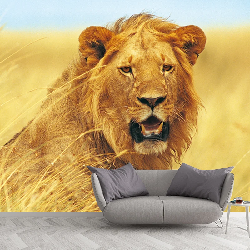 Mural lavable no tejido, decoración de pared con patrón de león contemporáneo en amarillo para el hogar Amarillo Clearhalo