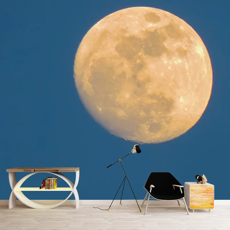 Mural de luna gibosa azul y amarillo, astronomí modernista, decoración de pared lavable para dormitorio Azul Clearhalo