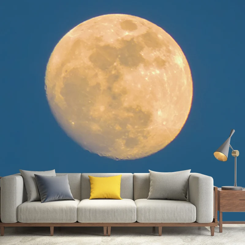 Mural de luna gibosa azul y amarillo, astronomí modernista, decoración de pared lavable para dormitorio Azul Clearhalo