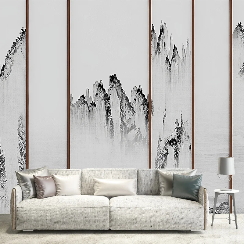Mural minimalista en blanco y negro, revestimiento de paredes de acuarelas de tamaño completo para sala de estar Negro Cle...