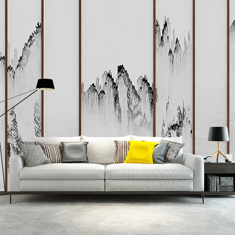 Mural minimalista en blanco y negro, revestimiento de paredes de acuarelas de tamaño completo para sala de estar Negro Cle...