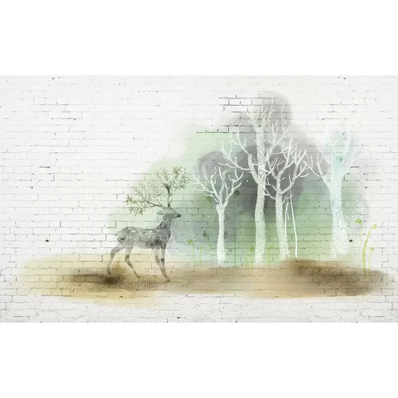 Mural minimalista de ciervos y bosques para cafeterí, decoración de pared extra grande en blanco y verde Blanco Clearhalo