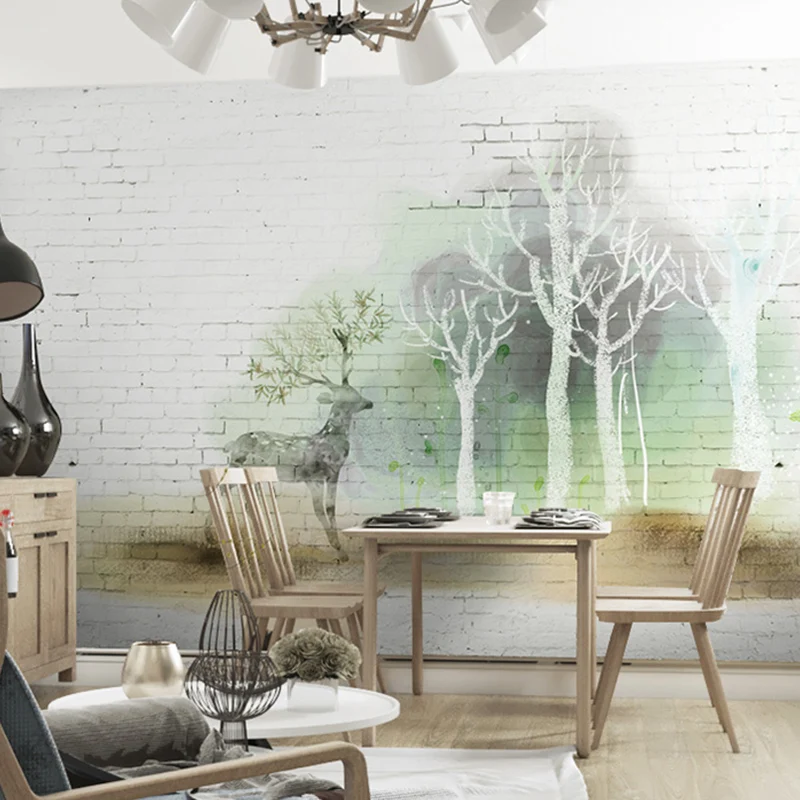 Mural minimalista de ciervos y bosques para cafeterí, decoración de pared extra grande en blanco y verde Blanco Clearhalo