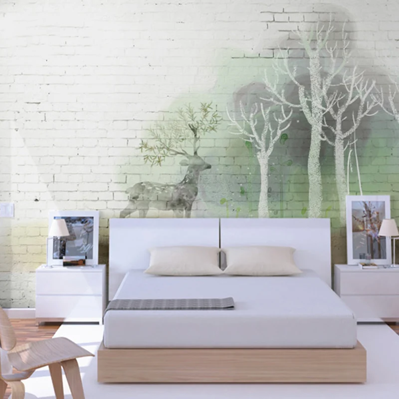 Mural minimalista de ciervos y bosques para cafeterí, decoración de pared extra grande en blanco y verde Blanco Clearhalo