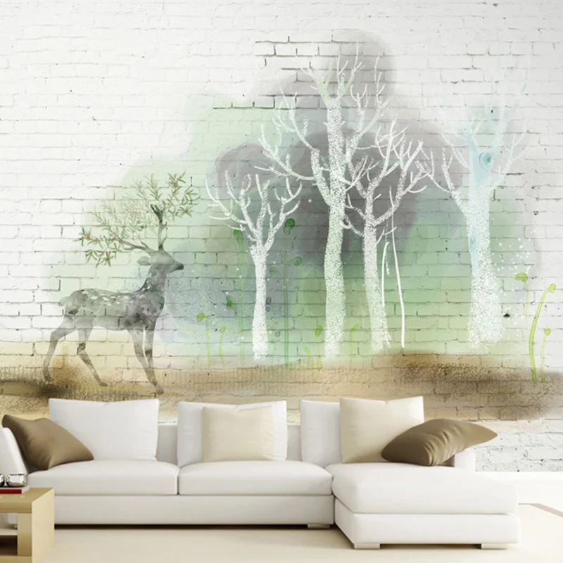 Mural minimalista de ciervos y bosques para cafeterí, decoración de pared extra grande en blanco y verde Blanco Clearhalo