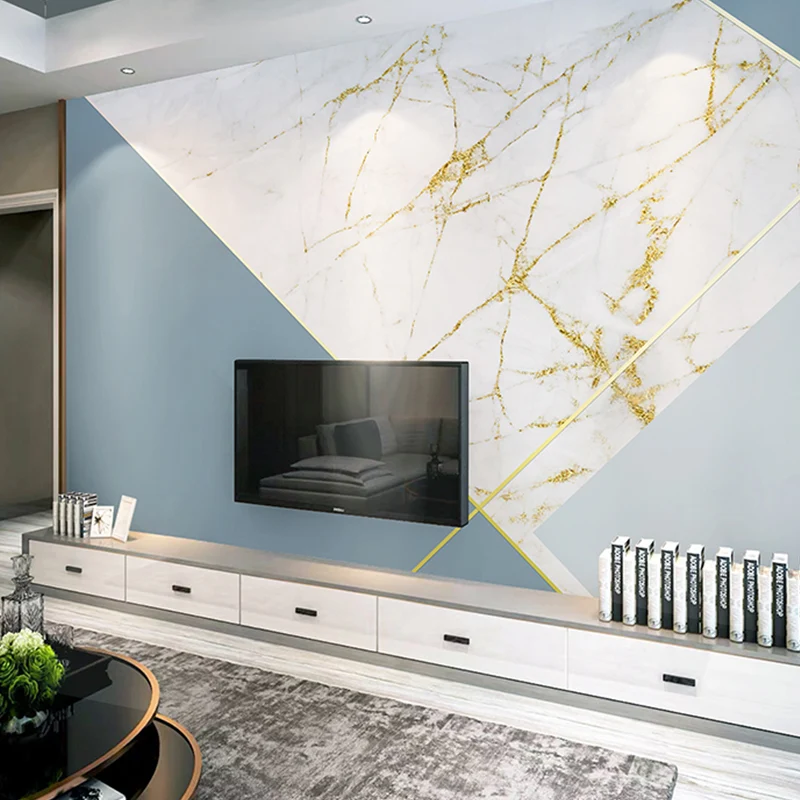 Mural minimalista con ilustración extra grande para galerí con mármol y bloque en gris y azul Gris Clearhalo