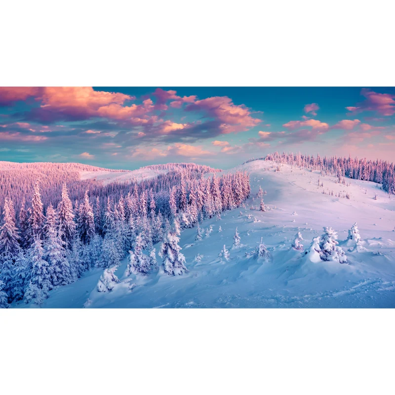 Mural moderno de paisaje nevado del atardecer, decoración de pared resistente la humedad azul-púrpura para el hogar Azul C...